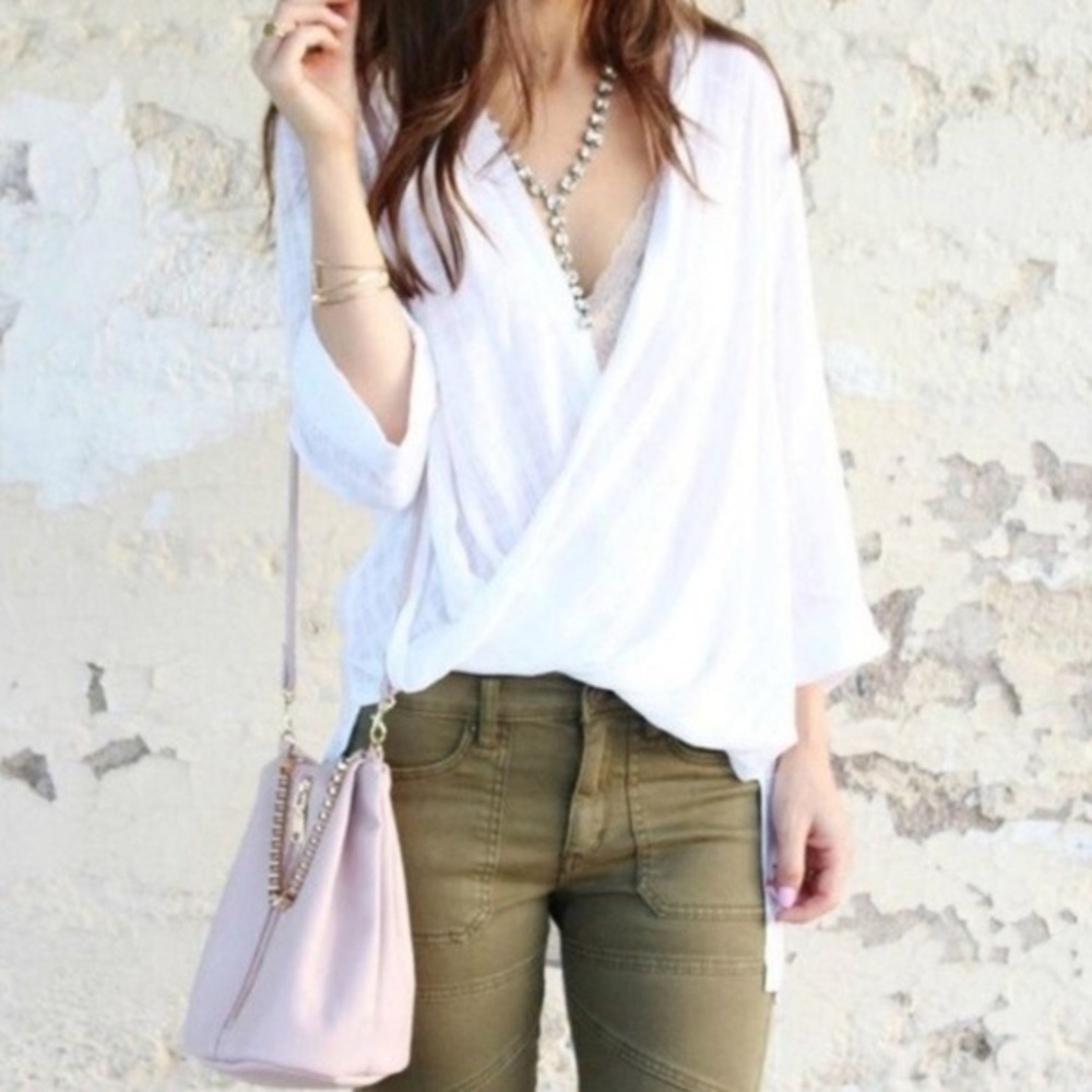 Elan White Wrap Blouse with 3/4 Sleeves and Mandarin Collar